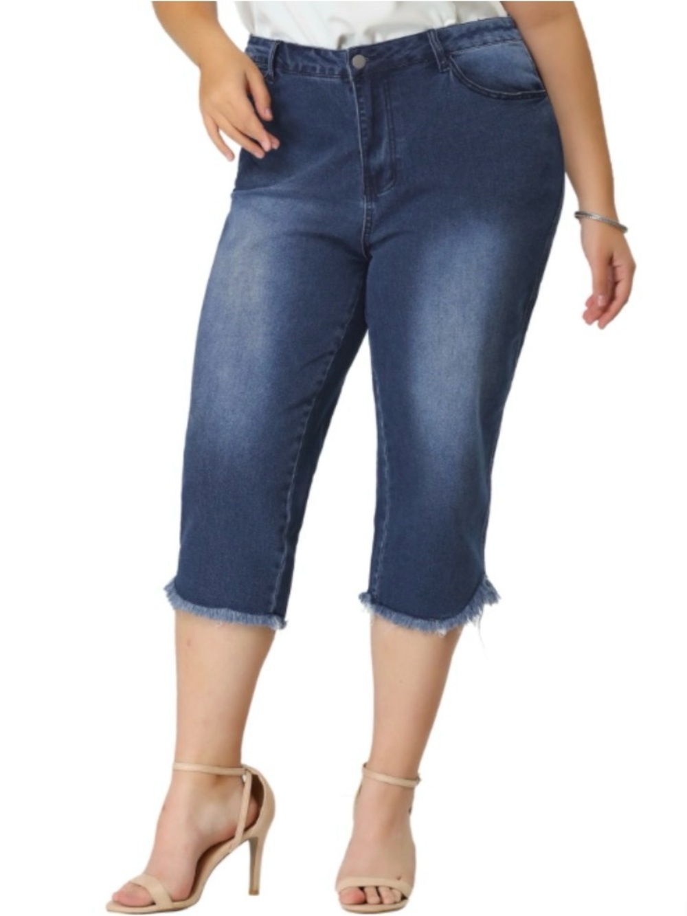 Plus Size Capri Jeans Frayed Hem Casual Washed Chambray Denim Jean, Size 1X